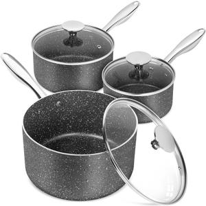MICHELANGELO Sauce Pan with Lid, Granite Saucepans with Lids, 1Qt & 2Qt & 3Qt Sauce Pan Sets, Nonstick Saucepan Set with Stainless Steel Handle, Oven Safe, Grey (12 +3 Quart)