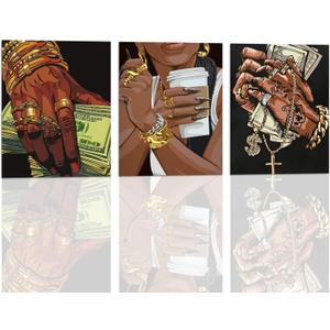 AXKXA 3 Pcs African American women canvas wall art prints fashion women vintage luxury glamour poster modern picture wall decoration painting for living room bedroom gallery 12x16 in unframed (Black Finger)