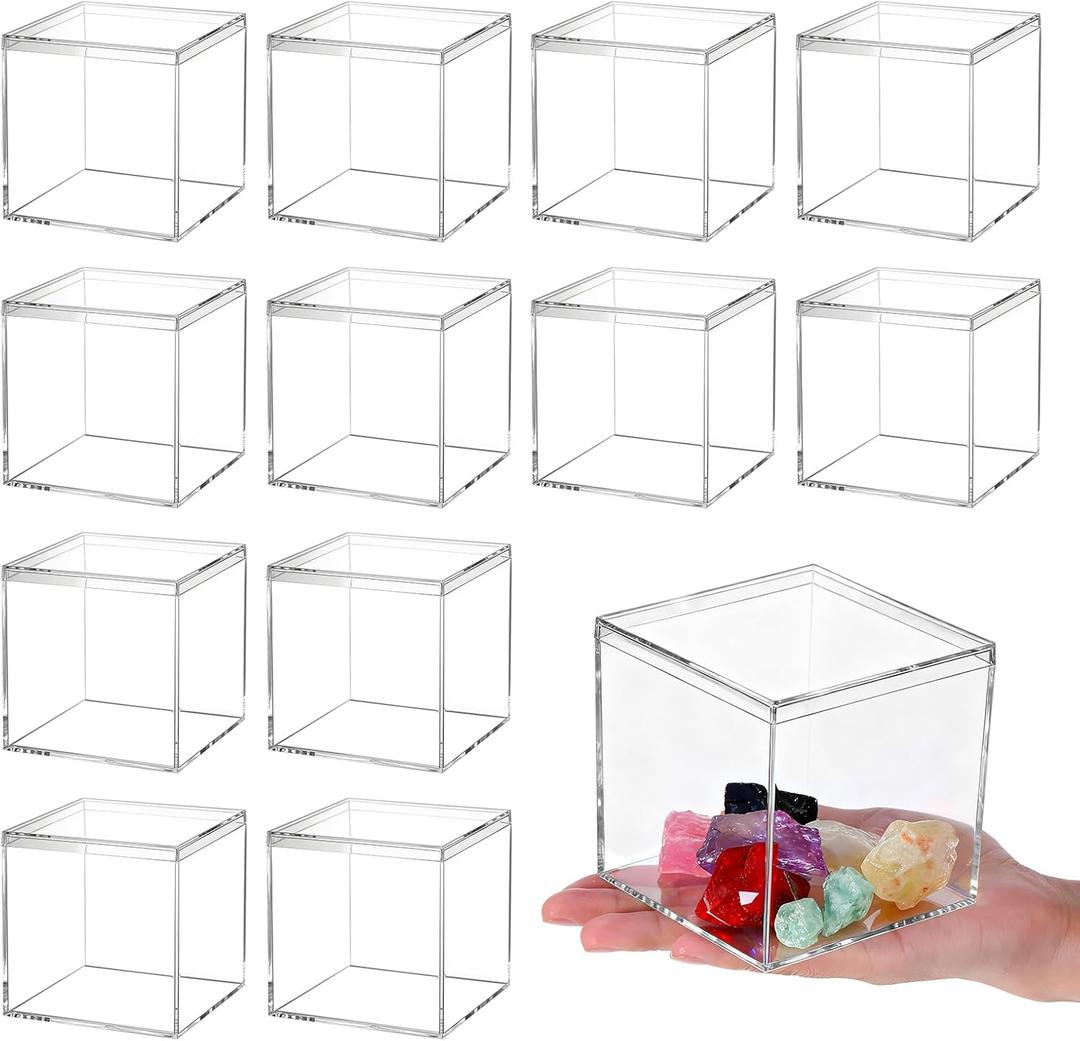 12 Pcs Clear Acrylic Box with Lid, Plastic Acrylic Boxes for Display Square Cube Decorative Storage Boxes Organize Containers for Candy Pill Tiny Jewelry(Square,4'' x 4'' x 4'')