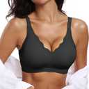 OEAK Womens Comfortable Wireless Bras Push Up Seamless Bralettes Soft V Neck Brassiere Scalloped Full Coverage Everyday Bra (3X-Large, Black)