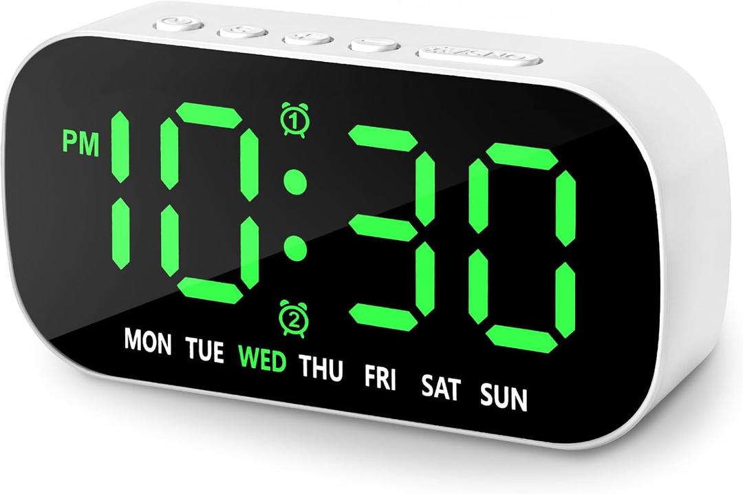 Small Digital Alarm Clocks for Bedrooms, 5 Levels Brightness Dual Alarm 12/24Hr and Snooze Simple Large Numbers Plug in Loud Desk Digital Clock for Heavy Sleepers Adults Teens (Green)