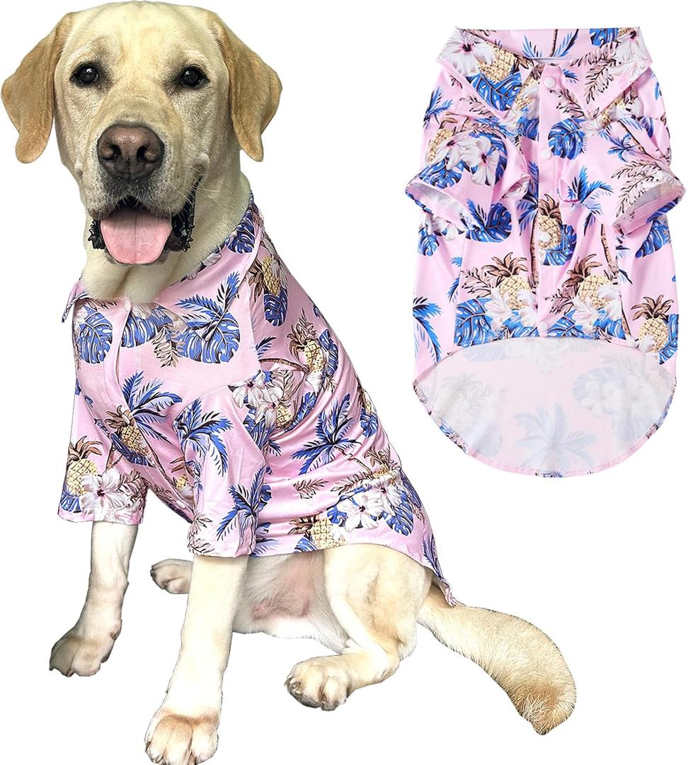 Dog Hawaii Shirt Coconut Tree Prints Polo T-Shirts Breathable Cool Beach Style Summer Dog Clothes for Large Dog Boys Girls Shirtt (3X-Large,Pink)