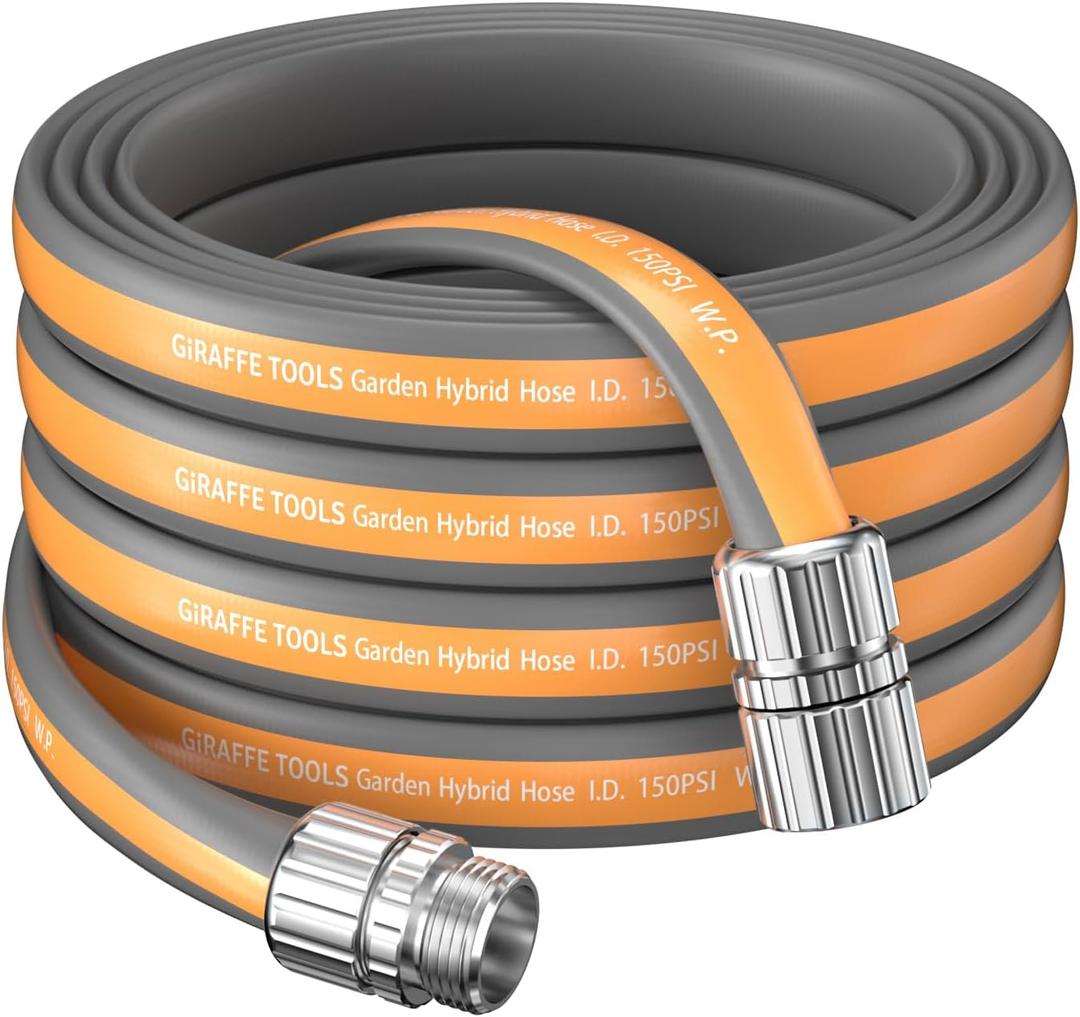 Giraffe Tools Garden Hose 50FT, 5/8" Lightweight Lay Flat Water Hose, Custom Length, Flexible, Leakproof Hybrid Hose Pipe with Male to Female Fitting (Grey and Orange)