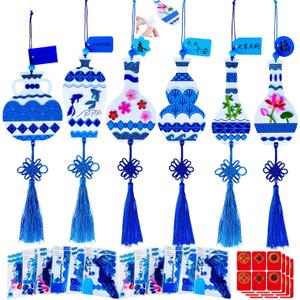 Winlyn 24 Sets Chinese New Year Decorations DIY Ming Vase Ornaments Craft Kits Blank Foam Vases with Blue and White Chinese Stickers for Kids Asian Classroom Activities Party Favors Gift Exchange