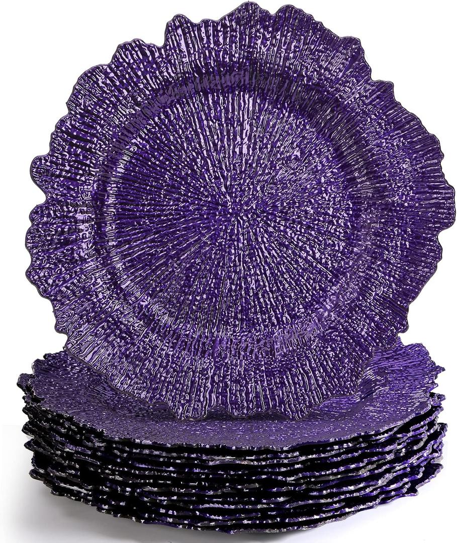 WUWEOT 12 Pack Purple Charger Plates, 13" Plastic Reef Dinner Under Plates, Round Charger Service Base Plates Bulk with Ruffled Rim for Party, Wedding, Catering Event, Tabletop Decor