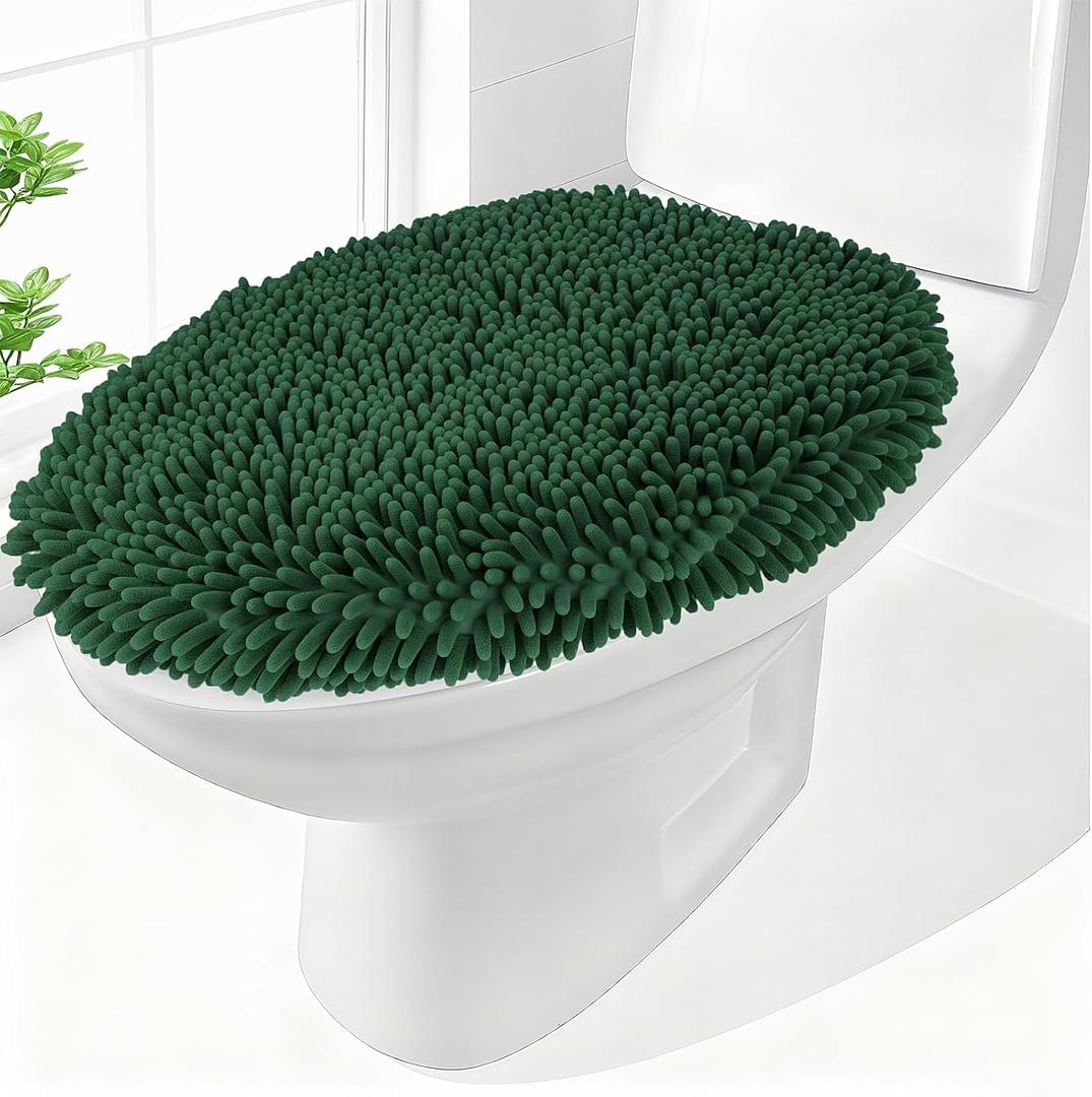 Chenille Elongated Toilet Seat Cover 19.5"x 15" Machine Washable Solid Toilet Lid Cover Adjustable Rubber Backing Fits Only 18-19.5" L x 14-16" W Elongated Toilet Seat