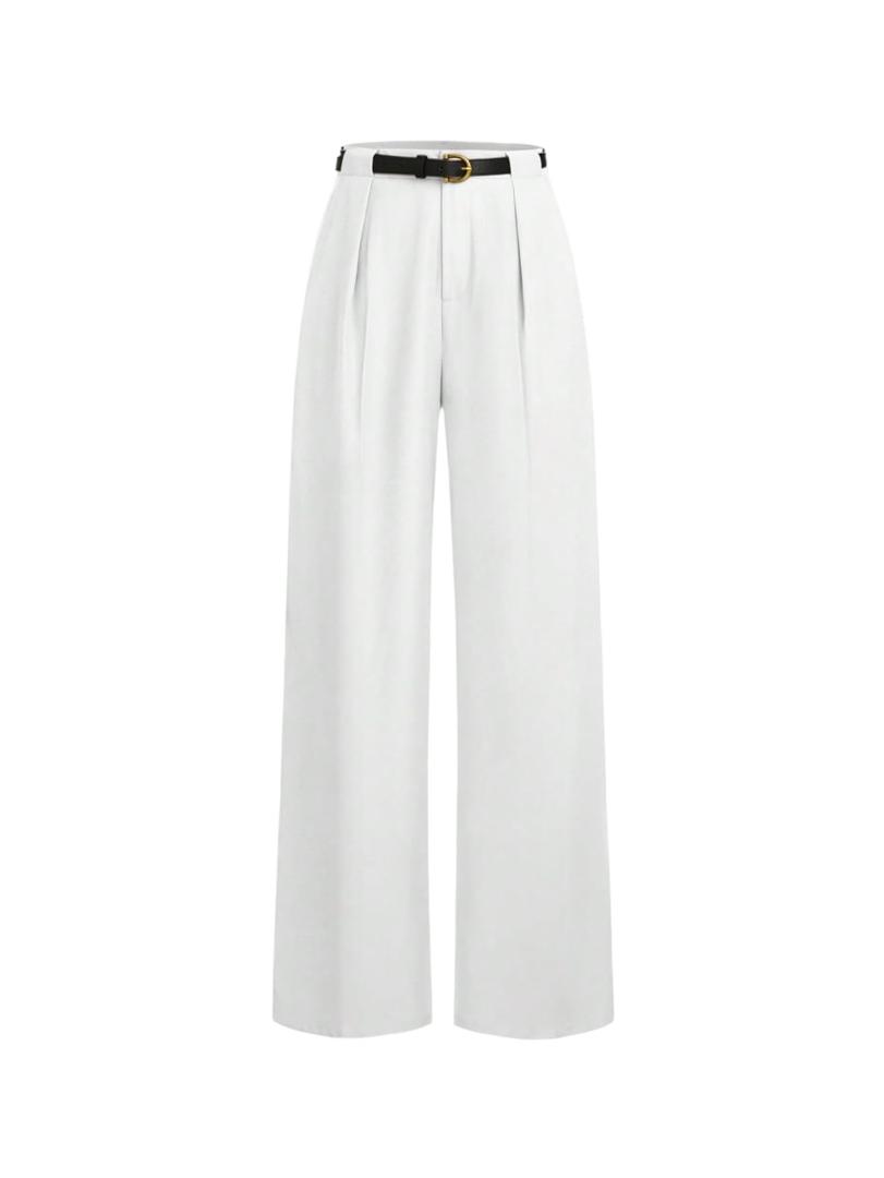 MakeMeChic Women's Work Pants Straight Leg Zip Fly Belted Business Casual Trousers Teacher Pants White Large