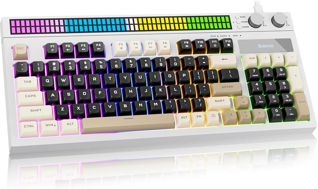 SABLUTE Keyboard Gaming - Audio-Sync RGB Light Strip, 19-Key Anti-Ghosting, Dual Control Knobs, Adjustable Stand, Ultra-Low Latency Quiet Mechanical Feel for PC Gamers (White)