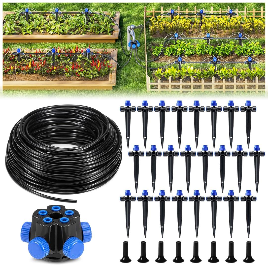 HIRALIY 100FT Garden Watering System, Automatic Drip Irrigation Kit with Adjustable Flow Nozzles, 5-Way Connector, Plastic Material, Modern Style, Ideal for Lawn, Patio, Garden, Raised Bed