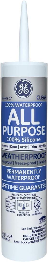 GE GE012A Silicone 1 All Purpose Sealant Caulk, 10.1oz, Clear - 12 Pack
