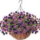 Artificial Faux Hanging Flowers Basket for Spring Outdoors Decoration, Silk Fake Mums Flowers Daisy with Baskets for Outside Porch Summer Decor(Purple Coffee)
