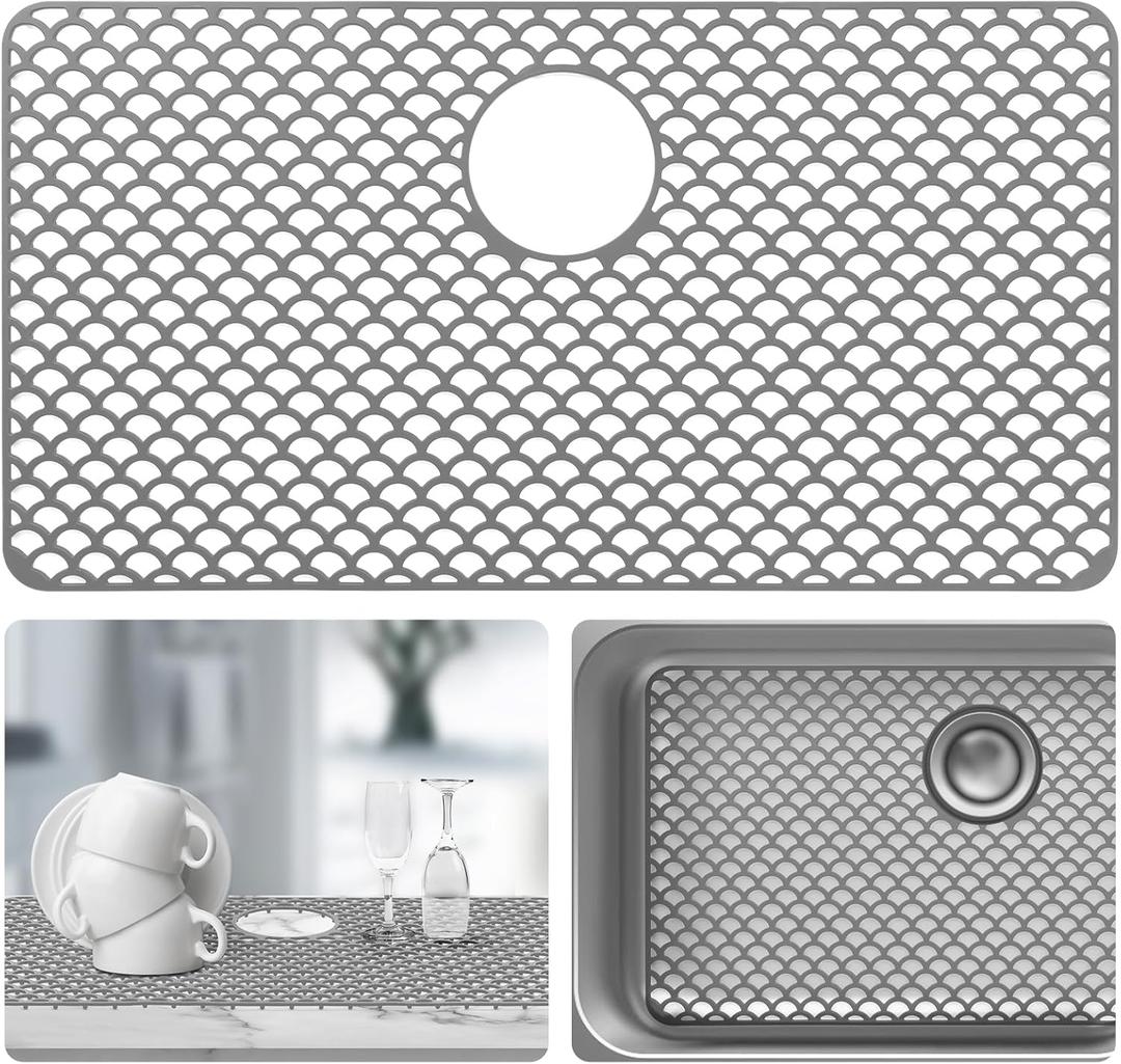 Sink Protectors for Kitchen Sink - Large 28.4"x 15" with Rear Drain Hole Heat Resistant Easy Clean Non-slip Silicone Kitchens Sinks Mat for Bottom of Kitchen Sinks Stainless Steel(Grey)-72x38CM