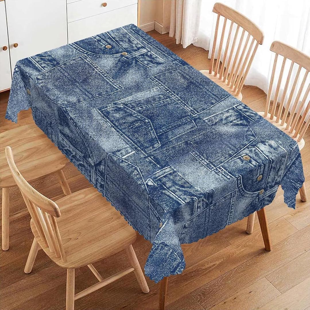 (Not Real Denim) Denim Print Patchwork Style Rectangle Tablecloth Romance Indigo Miscellaneous Table Cloth for Kitchen Dining Tablecloths Table Cover Decor for Party Patio 54 x 72 Inch (Blue)