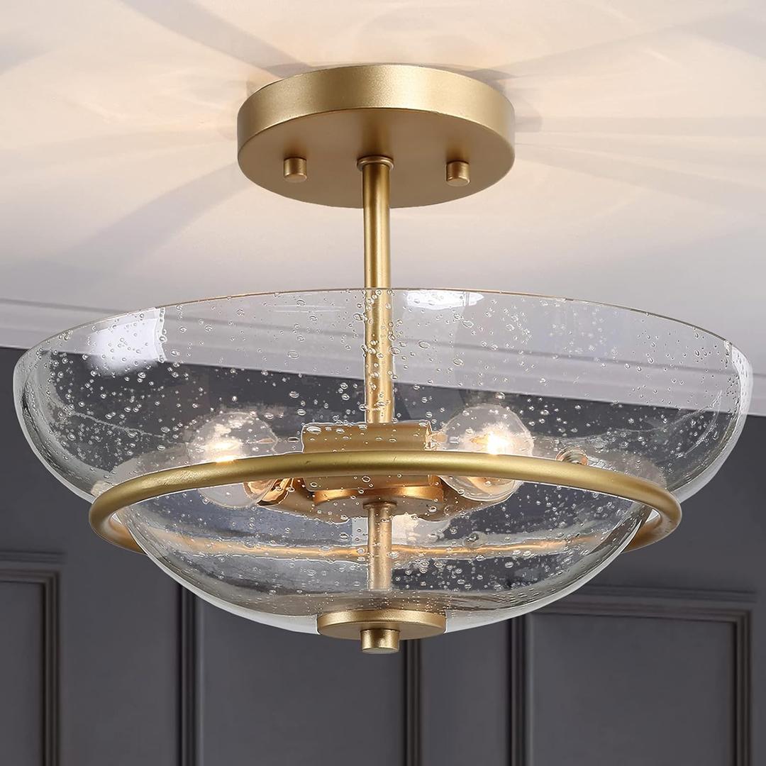 Durent Lighting Modern Semi Flush Mount Ceiling Light, Gold Close to Ceiling Light Fixture with Seeded Glass Shade for Hallway, Kitchen, Bedroom, Foyer and Dining Room(3 Light)