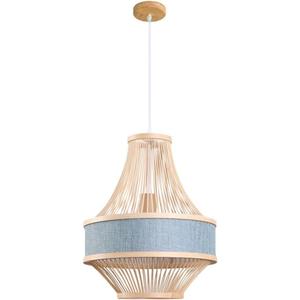 Bamboo Light Fixtures Chandelier Bamboo Wooden Pendant Light with Blue Fabric Lantern Lampshade Kitchen Island Decoration Chandelier Bamboo Wicker Light for Dinging Room, Farmhouse, 40*43cm
