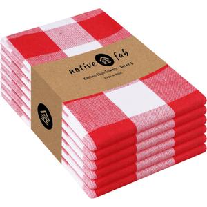 Native Fab 6-Pack Kitchen Towel with Hanging Loop 16x26 inches, Cotton Buffalo Check Kitchen Towels for Cleaning Drying, Washcloths Soft & Absorbent Cloth Rags, Bar Towel, Dish Cloth, Red