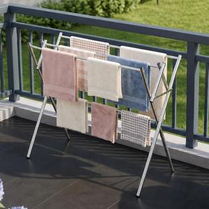 Small Drying Rack for Clothes, Compact 4 Drying Poles Foldable Laundry Rack, Stainless Steel Portable Clothes Airer for Towels, Baby Clothes, Bibs & Swimsuits, for Balcony & Laundry Room Use, Silver
