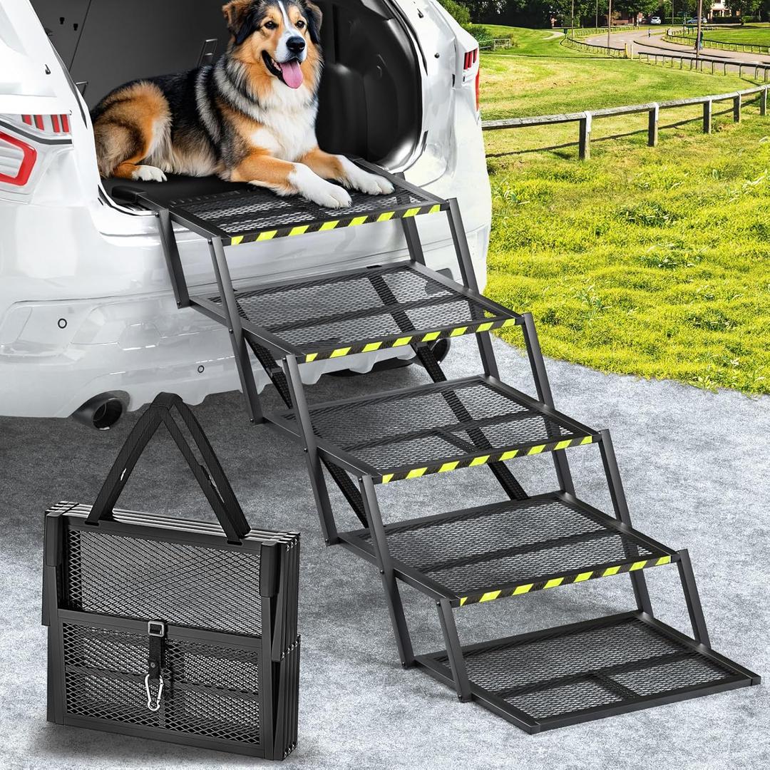 Pawaboo Extra Wide Dog Stairs for Car, Foldable Dog Ramps for Car with Non Slip Surface & Reflective Tape, Heavy Duty Dogs Steps for Cars, SUV, Truck, 300lbs Capacity, 14"-35" Adjustable Height