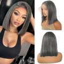 Munx Ombre Grey Bob Wig Blunt Cut 13x4 HD Lace Front Wig for Black Women Glueless Wigs 180% Density Thick Real Human Hair Bob Wigs Grey Salt & Pepper Color 12inch Slightly Bleached Knots