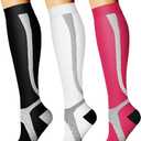 CHARMKING Compression Socks for Women & Men Circulation (3 Pairs) 15-20 mmHg is Best Support for Athletic Running Cycling (Small-Medium, 19 Strip-black/White/Pink)