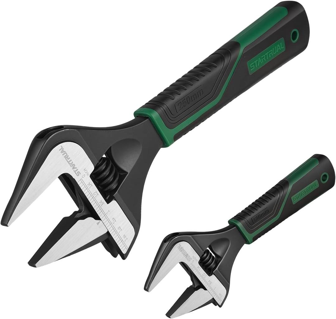 6 &10 Inch Wide Jaw Adjustable Wrench, 1-3/8 & 2 inch Extra Wide Jaw, SAE & Metric Scale, Cr-V Steel, Black Oxide Finish, Big Mouth Opening Plumber Wrenches for Home, Workshop, Garage and DIY