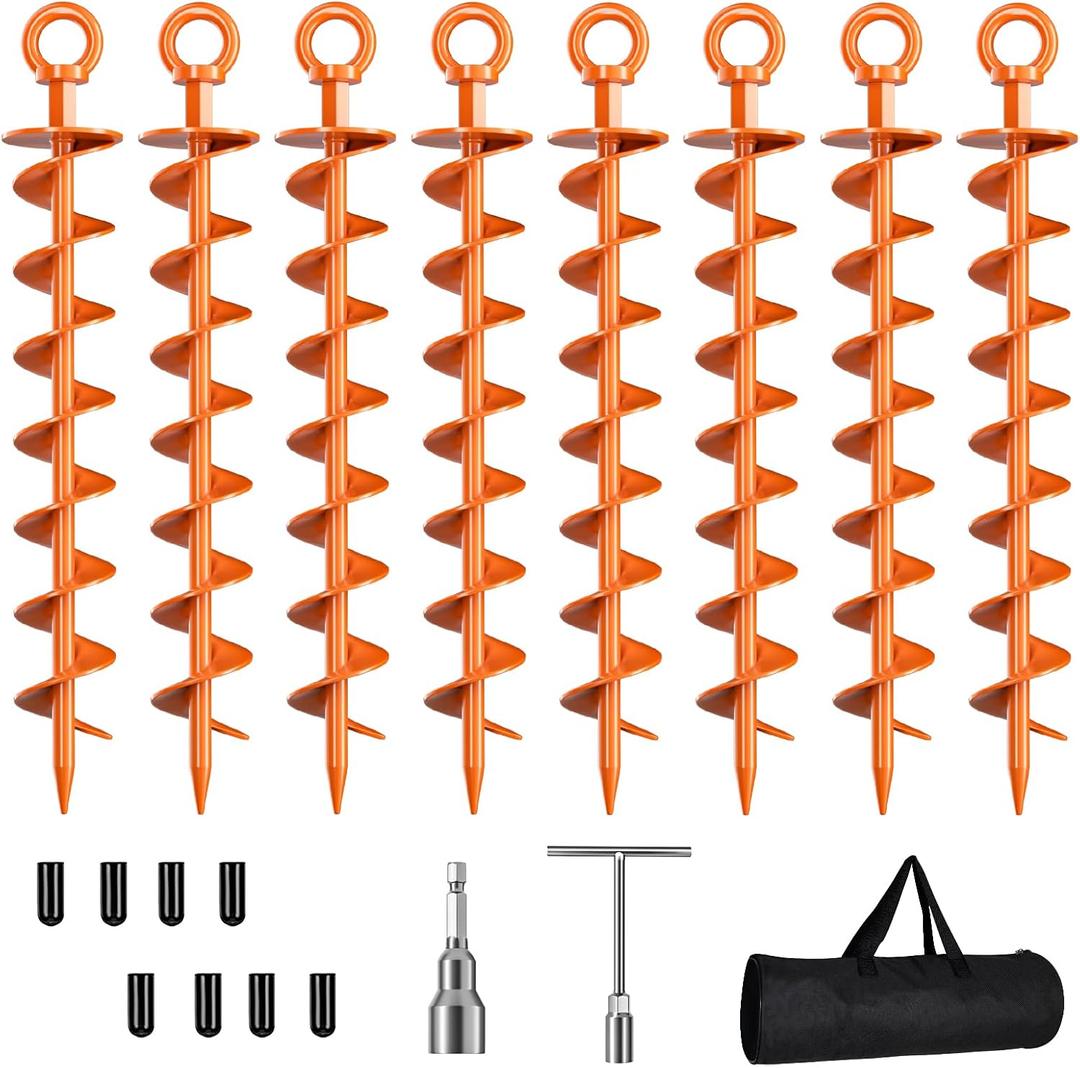 Ground Anchor Screw in, 8 Pack Spiral Trampoline Anchors with Nut and Tool Swing Set Anchors Tent Stakes High Wind Heavy Duty for Sheds, Carports, Mobile Home Orange