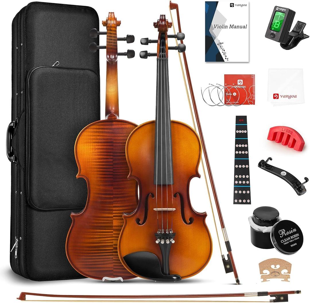 Violin Acoustic Fiddle Kit Professional Solid Wood Violin Unique Maple Wood Pattern Premium Ebony Fitting Starter Kit for Beginner Adults, Full Size By Vangoa