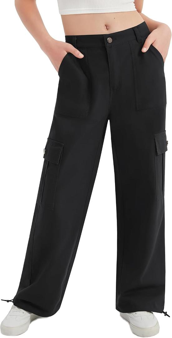 EXARUS Girls Jeans Cargo Denim Teen Hiking Pants Wide Leg Straight Baggy Elastic High Waistband Pockets Kids 8-14 Years (Black)