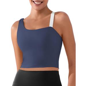 XUNYU Longline Sports Bras for Women One Shoulder Workout Tank Tops Built in Bra Open Back Yoga Top Athletic Gym Shirt (S)