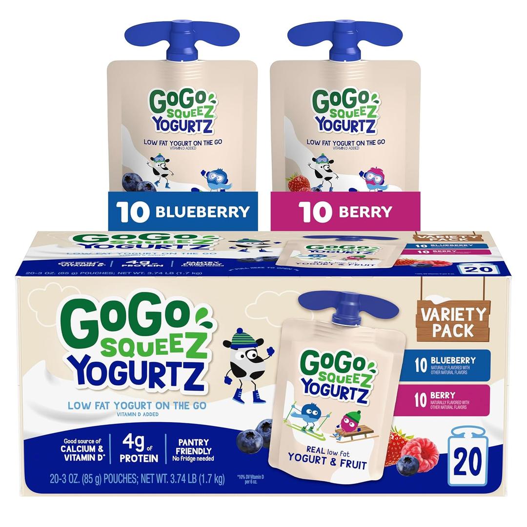 GoGo squeeZ yogurtZ Variety Pack, Blueberry & Berry, 3 oz (Pack of 20), Kids Snacks Made from Real Yogurt and Fruit, No Fridge Needed, Gluten Free, Nut Free, Recloseable Cap, BPA Free Pouches, BBD 03/20/2026