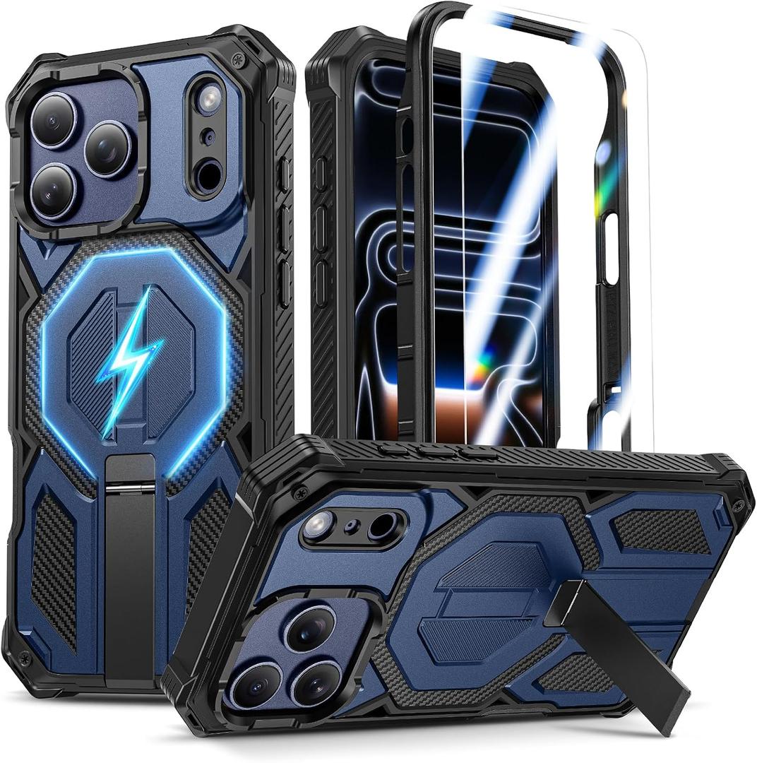 Magnetic for iPhone 17 Pro Max Phone Case, Compatible with MagSafe, with Screen Protector & Invisible Kickstand, 3-in-1 Full Body Military Grade Heavy Duty Phone Cover for iPhone 17 ProMax, Blue