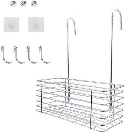 Semetall Hanging Shower Rack Silver Shower Caddy Hanging with Hooks-No Drilling-the Back Hook Can be Rotated- Hung on the Faucet or Cross Bar-304 Stainless Steel-Single(11" L x 3.9" W x 3.9" H)
