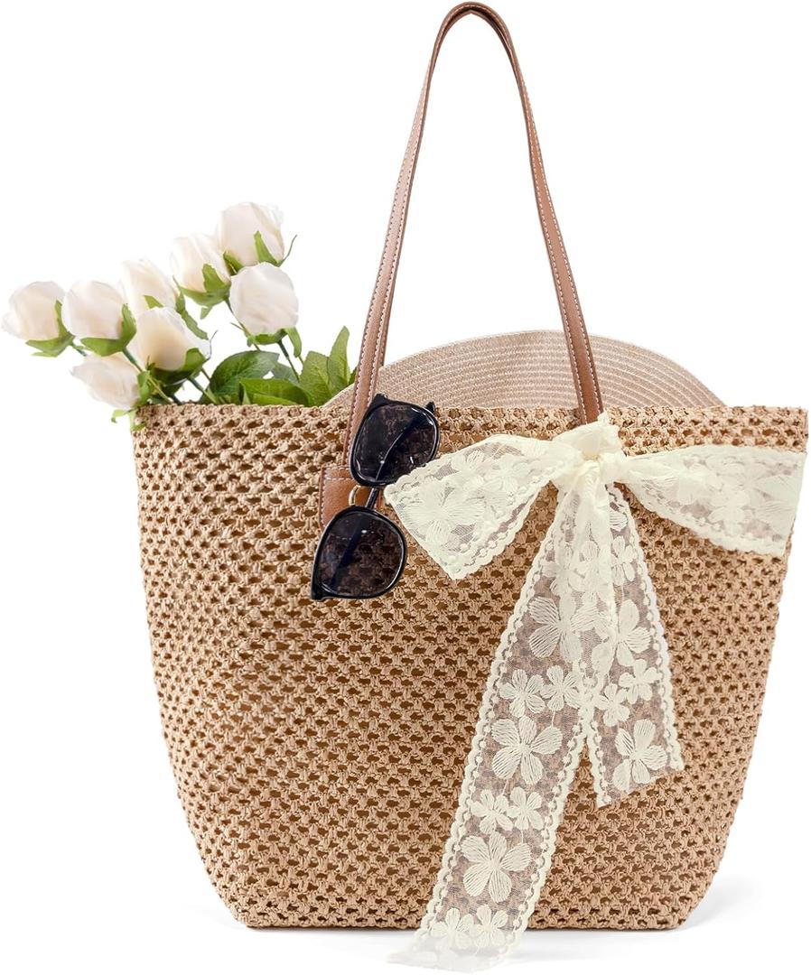 Straw Beach Tote Bag for Women: 2026 Large Woven Handbag with Zipper, Perfect for Vacation, Travel and Summer Pool | Lightweight, Hand-Woven, Shoulder, Boho
