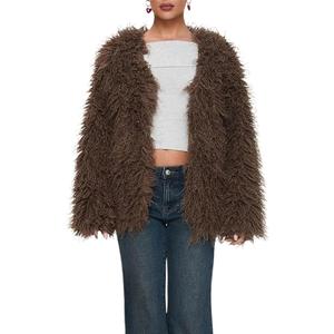 Womens Faux Fur Jacket with Pockets Long Sleeve Lapel Fluffy Oversized Shearling Winter Coat Outerwear, Size L, Brown