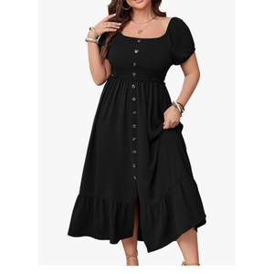 SCOMCHIC Womens Plus Size Summer Dresses Short Sleeve Square Neck Button Down Smocked Casual Ruffle Slit Maxi Boho Dress Size L