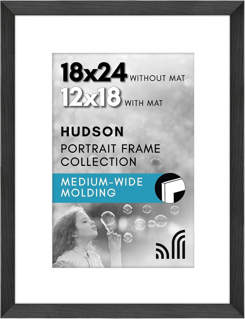 Americanflat 18x24 Poster Frame with Polished Plexiglass - Use as 12x18 Frame with Mat or Display 18x24 Photo Without Mat - Hudson Collection - Wide Picture Frames for Wall Display - Black