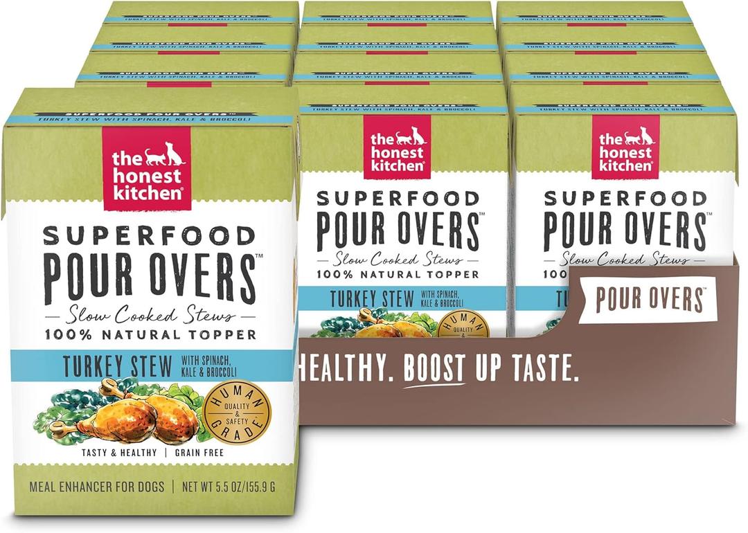 The Honest Kitchen Superfood POUR OVERS Wet Toppers for Dogs (Pack of 12), 5.5 oz - Turkey Stew, Best By 19 March 2026 