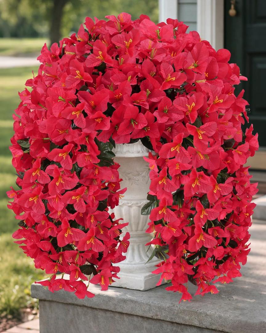 Artificial Flowers for Outdoors 2 Bundles of UV-Resistant Artificial Bougainvillea, Realistic Silk Flowers for Front Porch, Patio, Garden, Window Boxes & Hanging Baskets (Red,2)