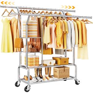 Heavy Duty Clothes Rack - Rolling Clothing Racks for Hanging Clothes Load 630 LBS, Double Rod Metal Garment Rack With Storage Shelf, Portable Wardrobe Racks with Wheels