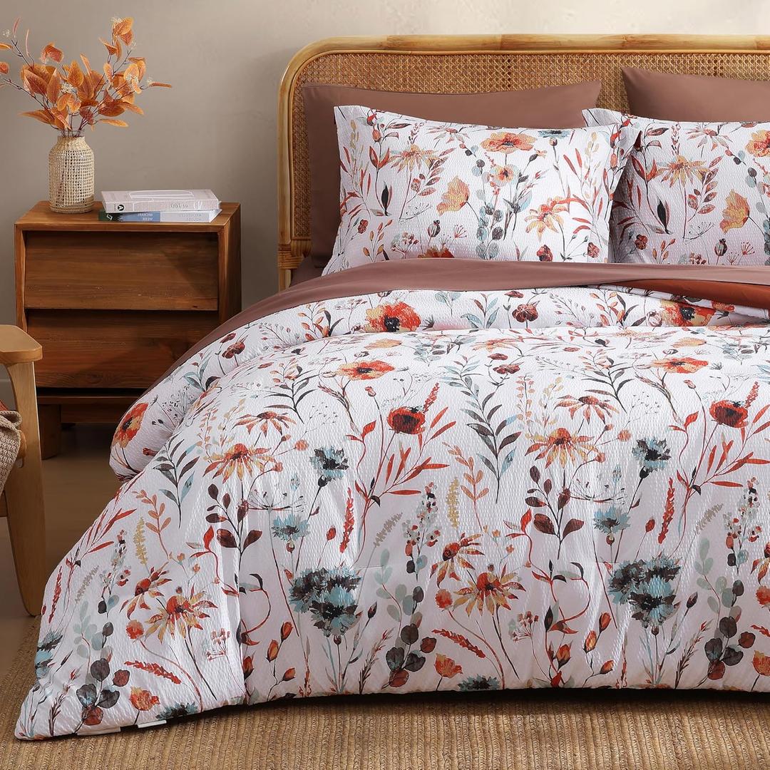 CASAAGUSTO Queen Comforter Set, 7 Pieces Bed in a Bag Queen White Floral Comforter Set with Terracotta Flowers Leaves Pattern, Soft Seersucker Design All Season Queen Bedding Set