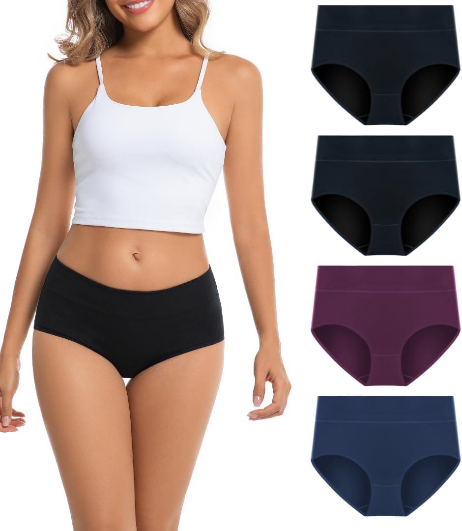 Women's Cotton Underwear Mid Waisted Brief Style Underpant (4 Pack) (L)