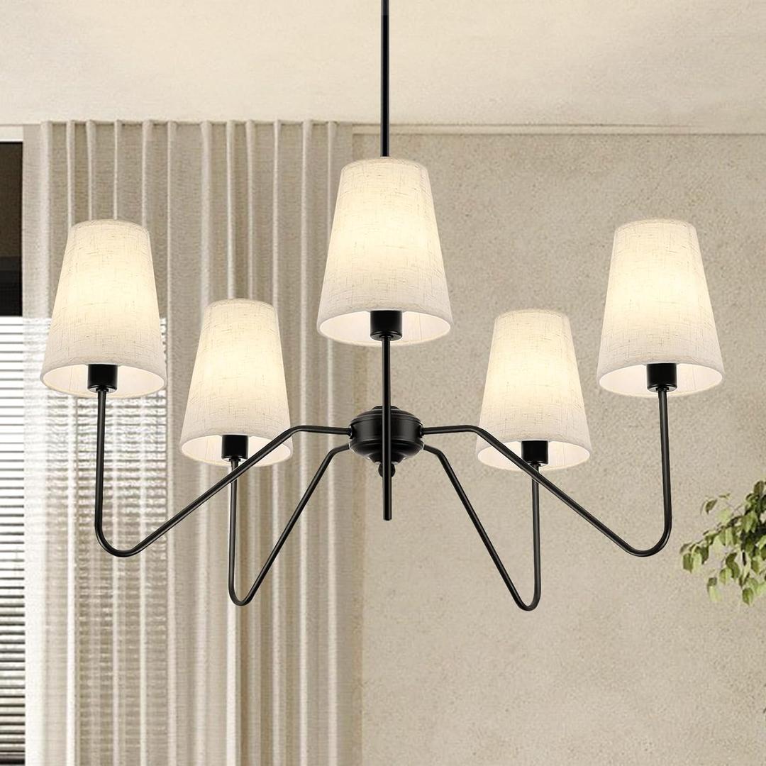 5-Light Modern Chandeliers, Pendant Lights Fixture with Linen Beige Fabric Shade for Living Room Dining Room Bedroom Hallway Entryway, Height Adjustable,E12