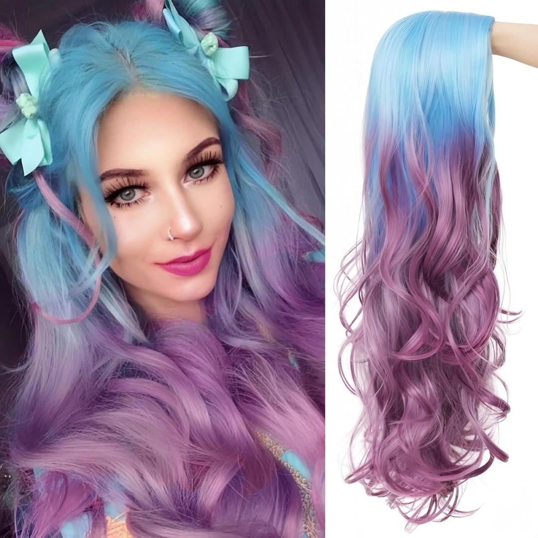 Kaneles Long Curly Wave Purple Wig for Women Blue To Purple Hair Wigs Middle Part Wavy Wig Tow Color Wigs For Cosplay Daily Party Women Wig