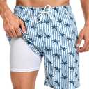 Fasker Mens Swim Trunks with Compression Liner 7" Inseam Quick Dry Bathing Suit Beach Shorts Swimming Trunks with Pockets (Blue, L)