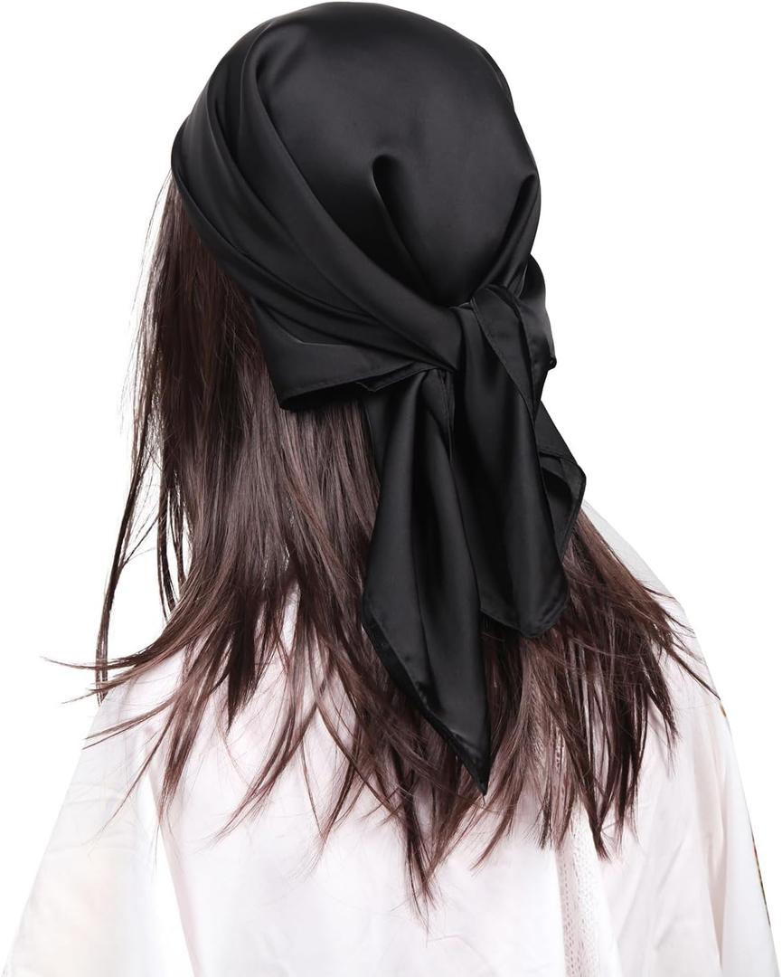 MEANBEAUTY Head Scarf for Women Like Silk Scarf Square Scarves Satin Bandanas Neck Scarfs 27.5 Inch with Gift Packed (Black)