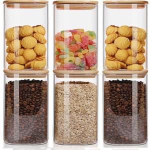 50oz Glass Food Storage Jars Set of 6,Glass Storage Containers Clear Glass Food Canister with Bamboo Lid Airtight For Serving Tea, Coffee, Flour, Sugar, Candy, Cookie, Spice and More (Square)