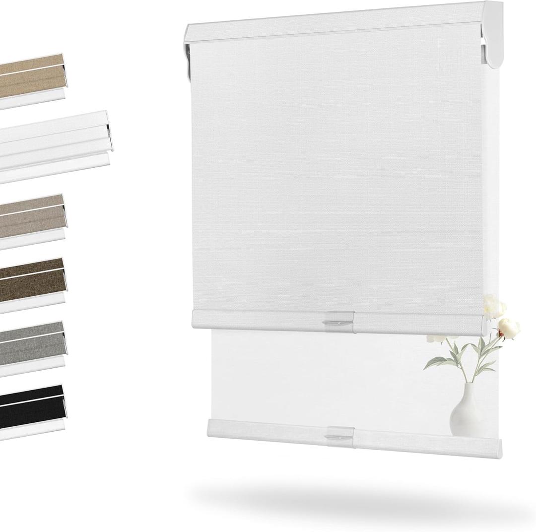 Boolegon Dual Roller Shades, Cordless Double Window Shades Blackout and Light Filtering Shades with Valance, Day and Night Roller Blinds for Home Office Door, Linen White & White