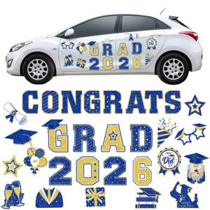 Landhoow 30 Pcs Graduation Car Magnets 2026 Senior Graduation Car Decoration Bumper Sticker Congrats Grad Magnet Magnetic Refrigerator Decal for Grad Parade Party Supplies(Blue, Gold)