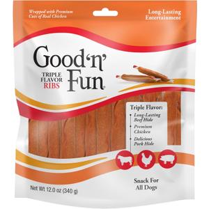 Good n Fun Triple Flavor Ribs Chews for All Dogs, 12 Ounces, Treat Your Dog to Long-Lasting Chews Made with Beef Hide, Chicken and Pork Hide