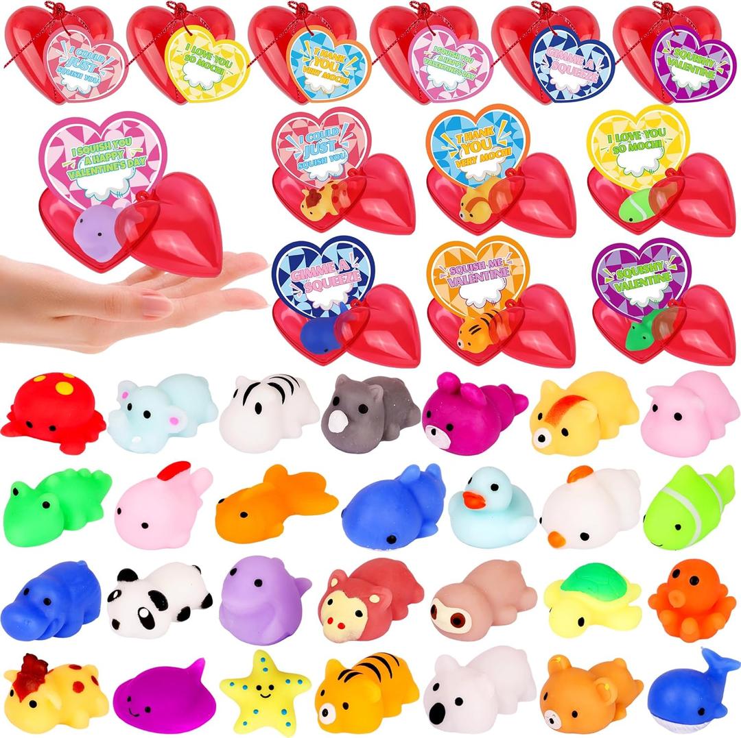 28 Pack Valentines Day Gifts for Kids Classroom Mochi Squishies Fidget Toys Filled Heart with Valentines Cards for Kids School, Valentines for Class Valentines Exchange Cards Party Favors Prizes